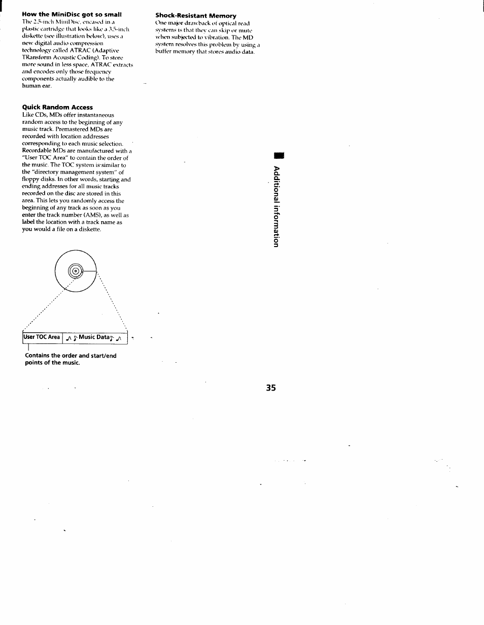 How the minidisc got so smalt, Shock-resistant memory, Quick random access | 5' o 3 | Sony MZ-R30 User Manual | Page 35 / 38