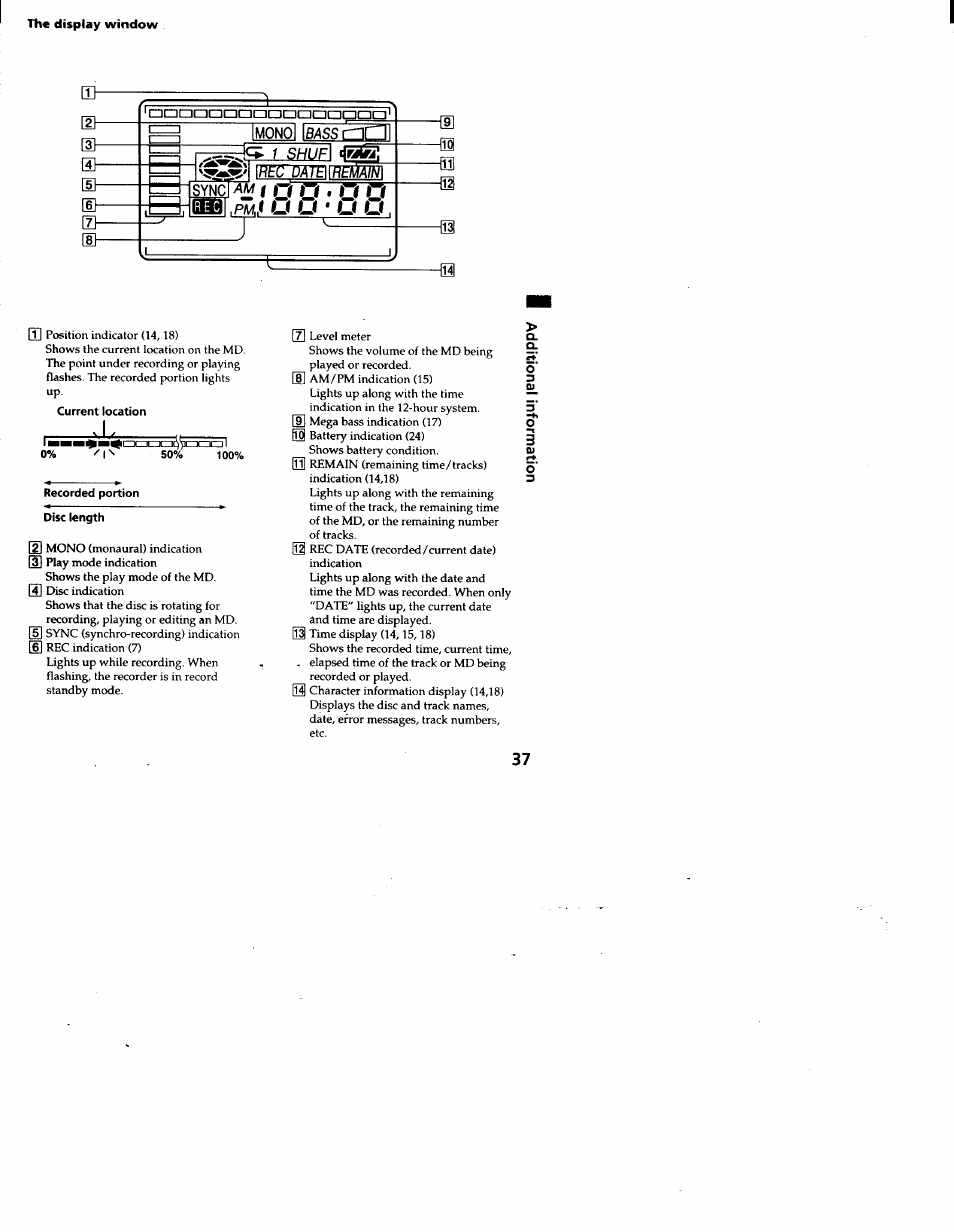 The display window, Current location, Recorded portion | Disc length, Mrmm, Amjjtn . n n, J u u • u u, Umrm | Sony MZ-R30 User Manual | Page 37 / 38