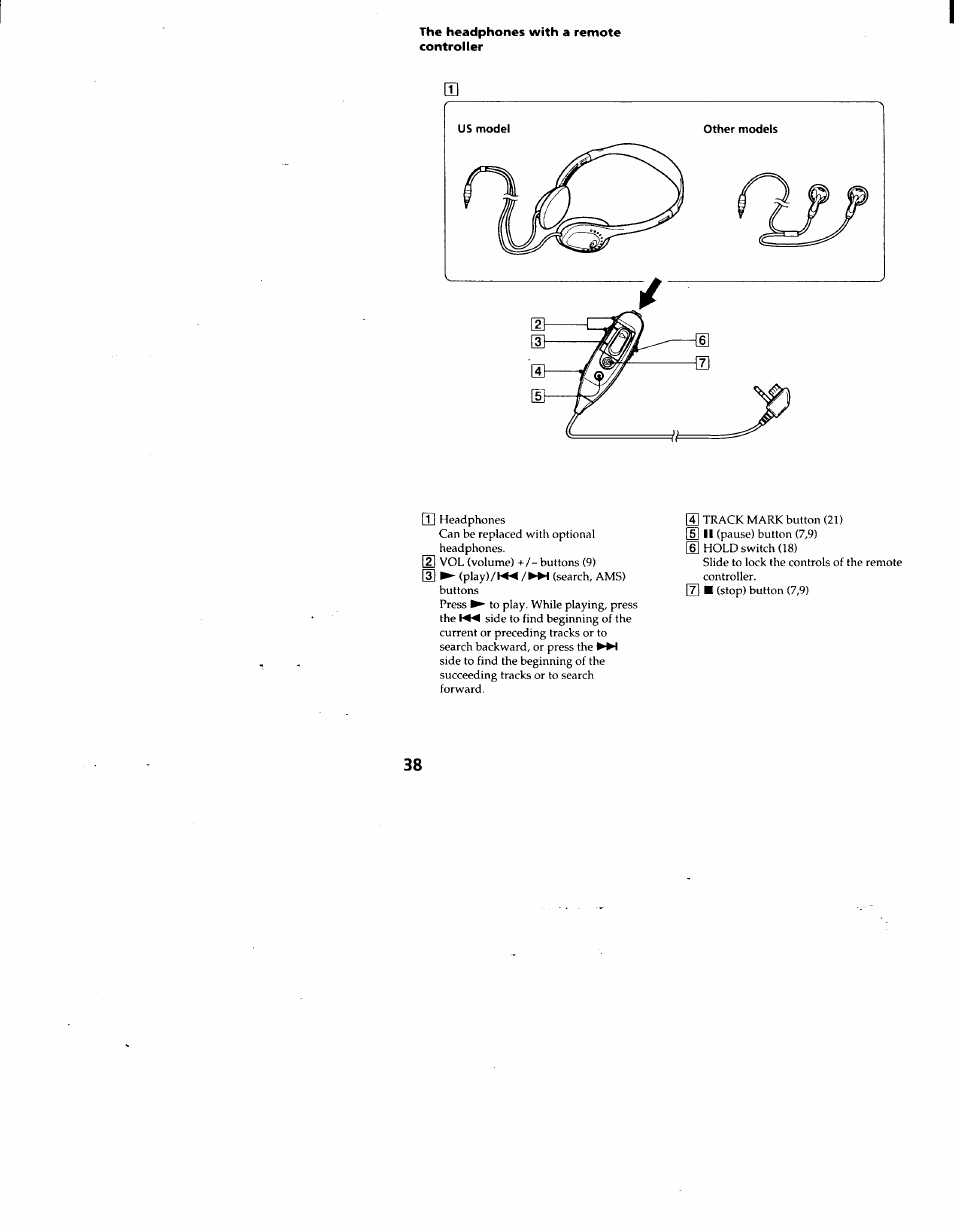 The headphones with a remote controller | Sony MZ-R30 User Manual | Page 38 / 38