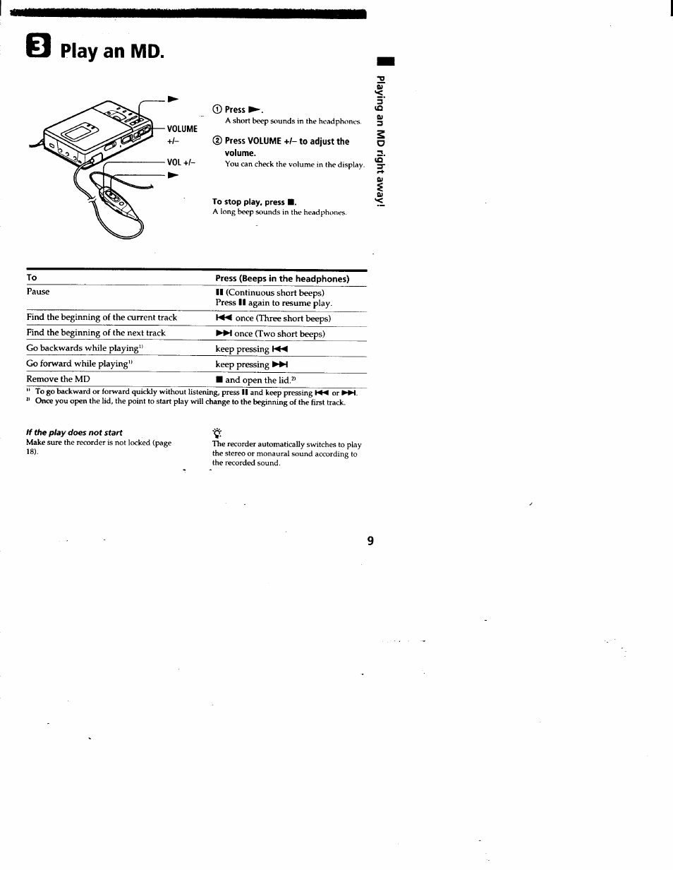 Q play an md, To stop play, press | Sony MZ-R30 User Manual | Page 9 / 38