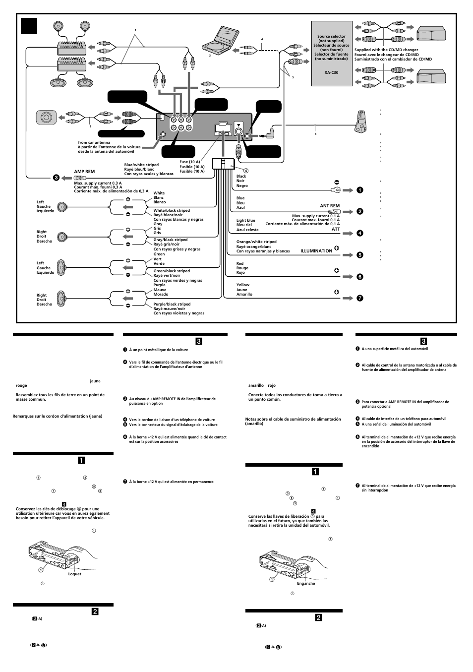 Précautions, Liste des composants ( 1 ), Exemple de raccordement ( 2 ) | Schéma de raccordement ( 3 ), Precauciones, Lista de componentes ( 1 ), Ejemplo de conexiones ( 2 ), Diagrama de conexión ( 3 ) | Sony CDX-F7700 User Manual | Page 2 / 4