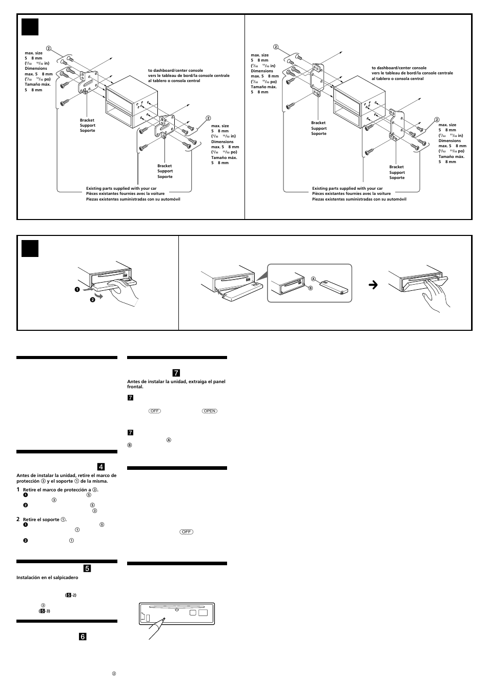 7a b, Toyota, Nissan | Forma de extraer e instalar el panel frontal ( 7 ), Botón reset, Precauciones, Ejemplo de montaje ( 5 ), Montaje de la unidad en un automóvil japonés ( 6 ) | Sony CDX-F7700 User Manual | Page 4 / 4