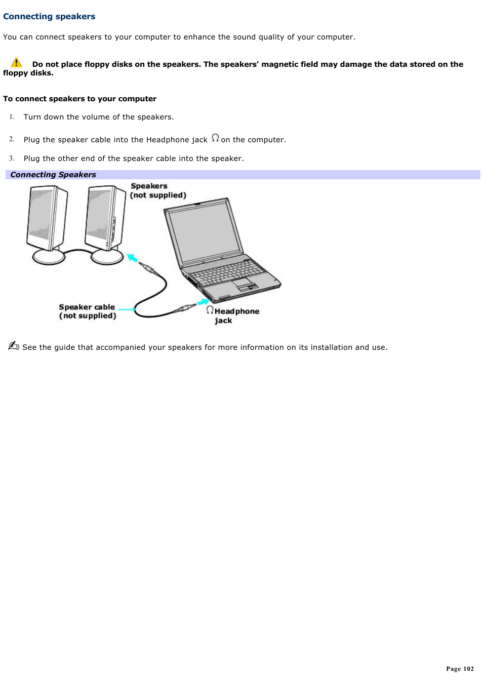 Connecting speakers | Sony PCG-V505ACK User Manual | Page 102 / 148