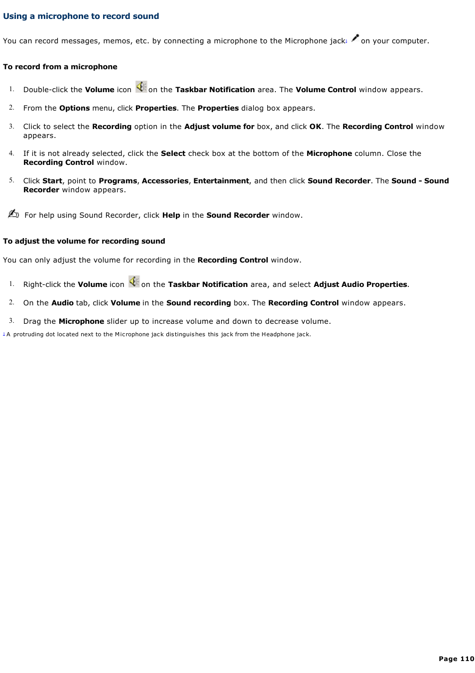 Using a microphone to record sound | Sony PCG-V505ACK User Manual | Page 110 / 148