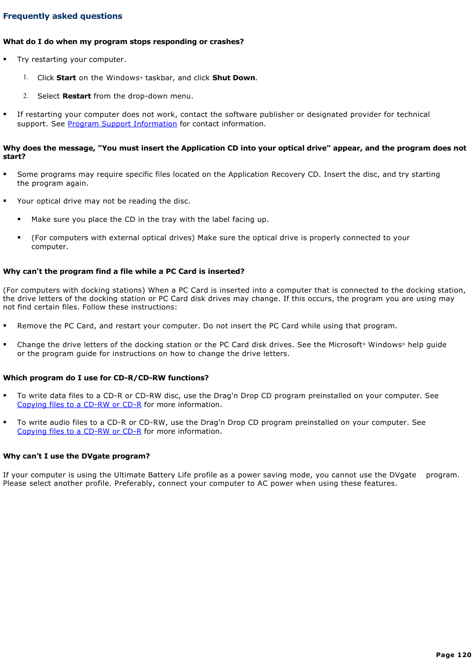 Frequently asked questions | Sony PCG-V505ACK User Manual | Page 120 / 148