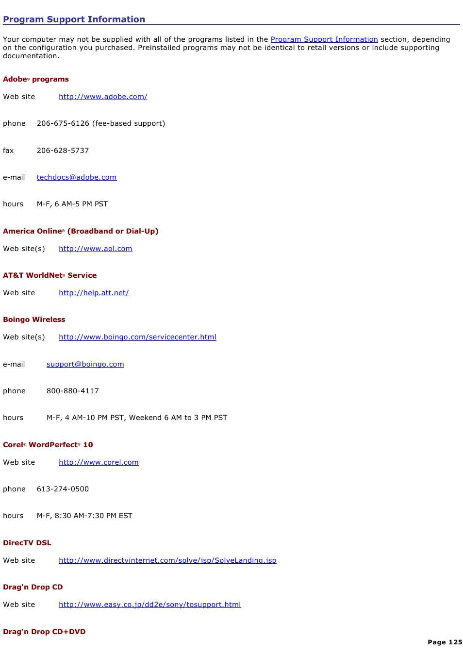 Program support information, For contact information | Sony PCG-V505ACK User Manual | Page 125 / 148