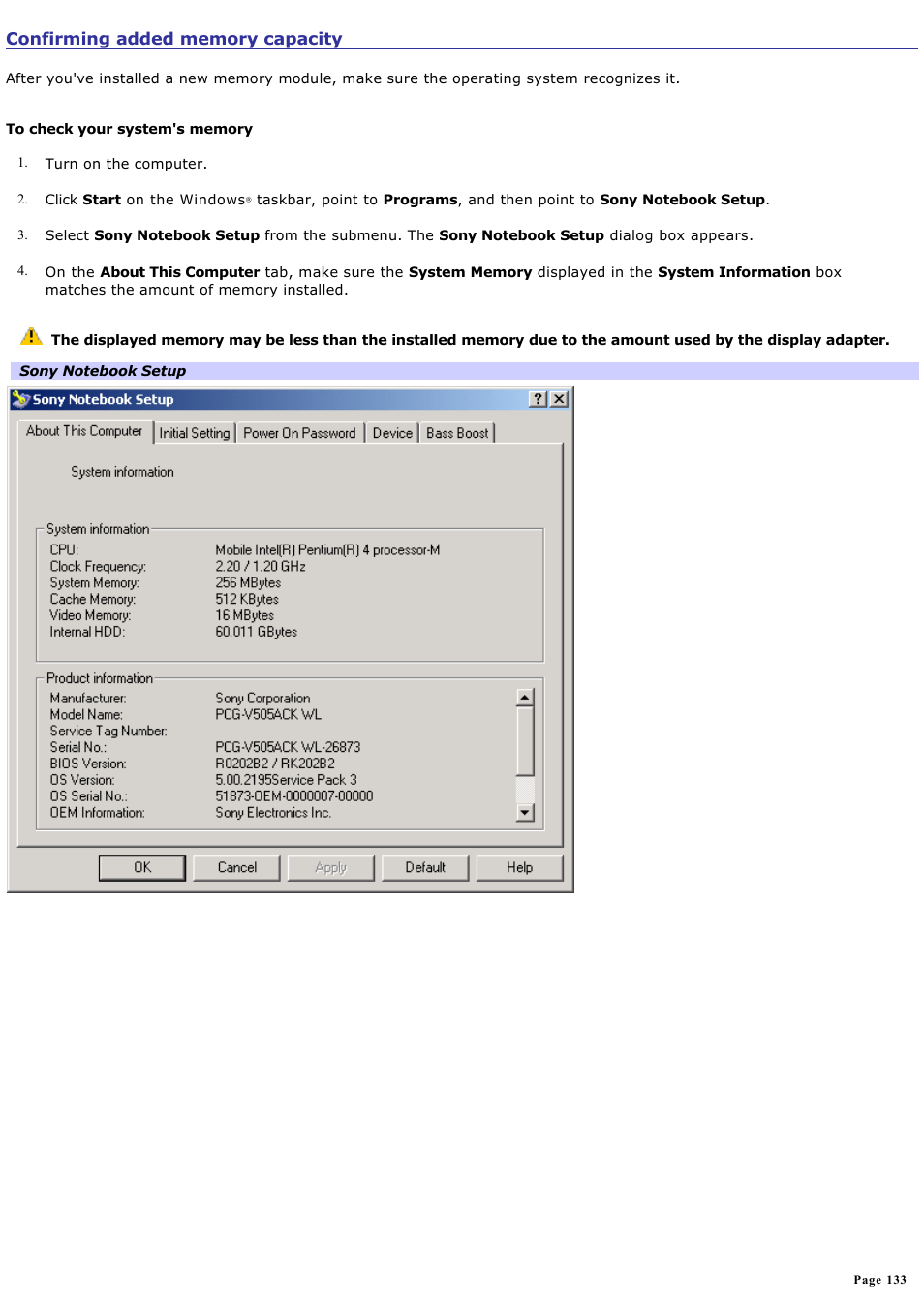 Confirming added memory capacity, For more | Sony PCG-V505ACK User Manual | Page 133 / 148
