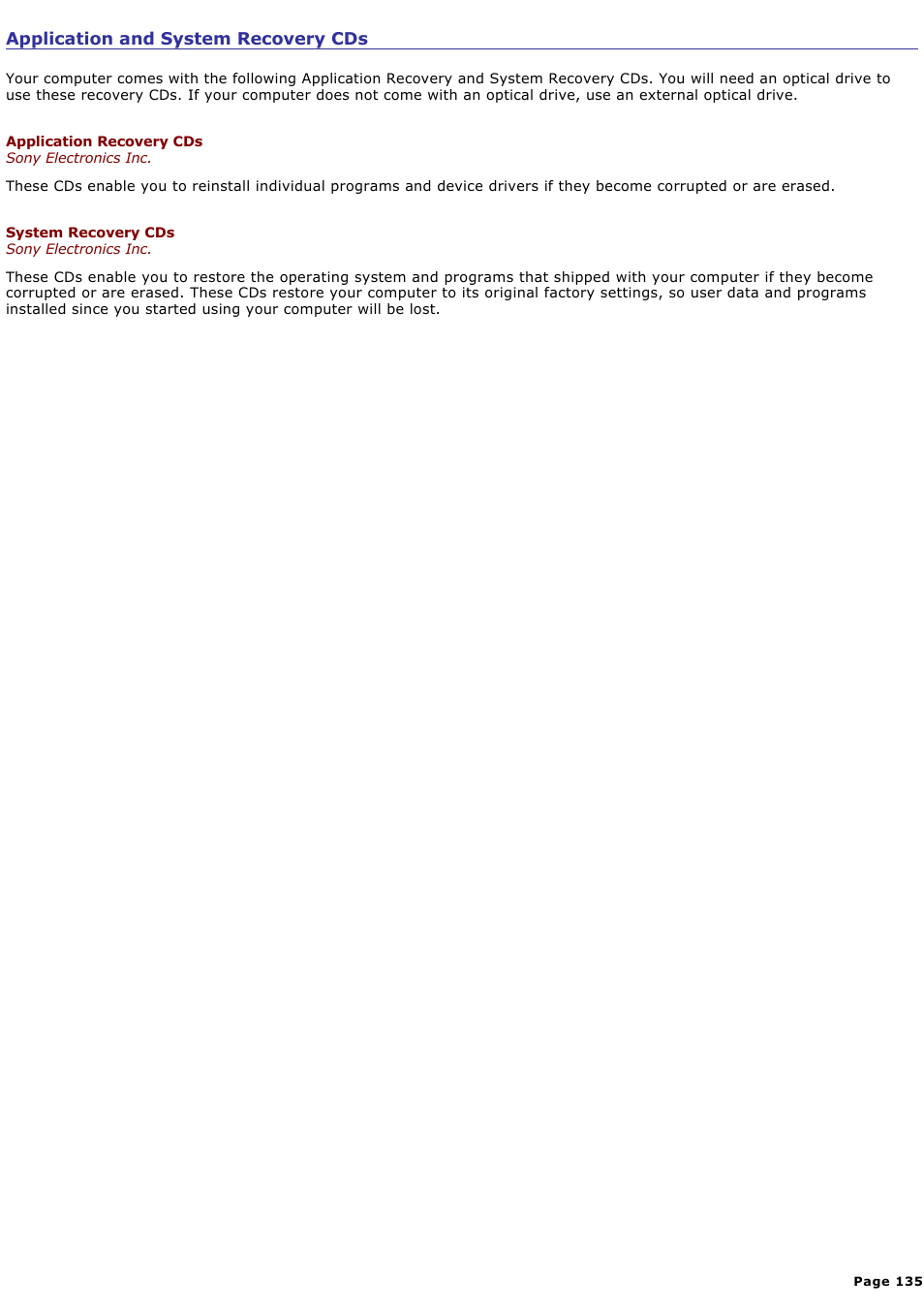 Application and system recovery cds | Sony PCG-V505ACK User Manual | Page 135 / 148