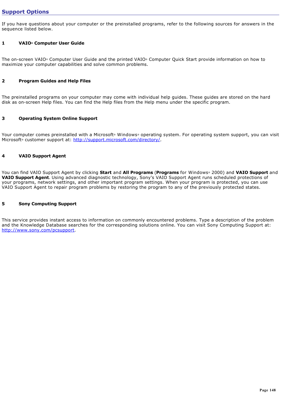 Support options | Sony PCG-V505ACK User Manual | Page 148 / 148