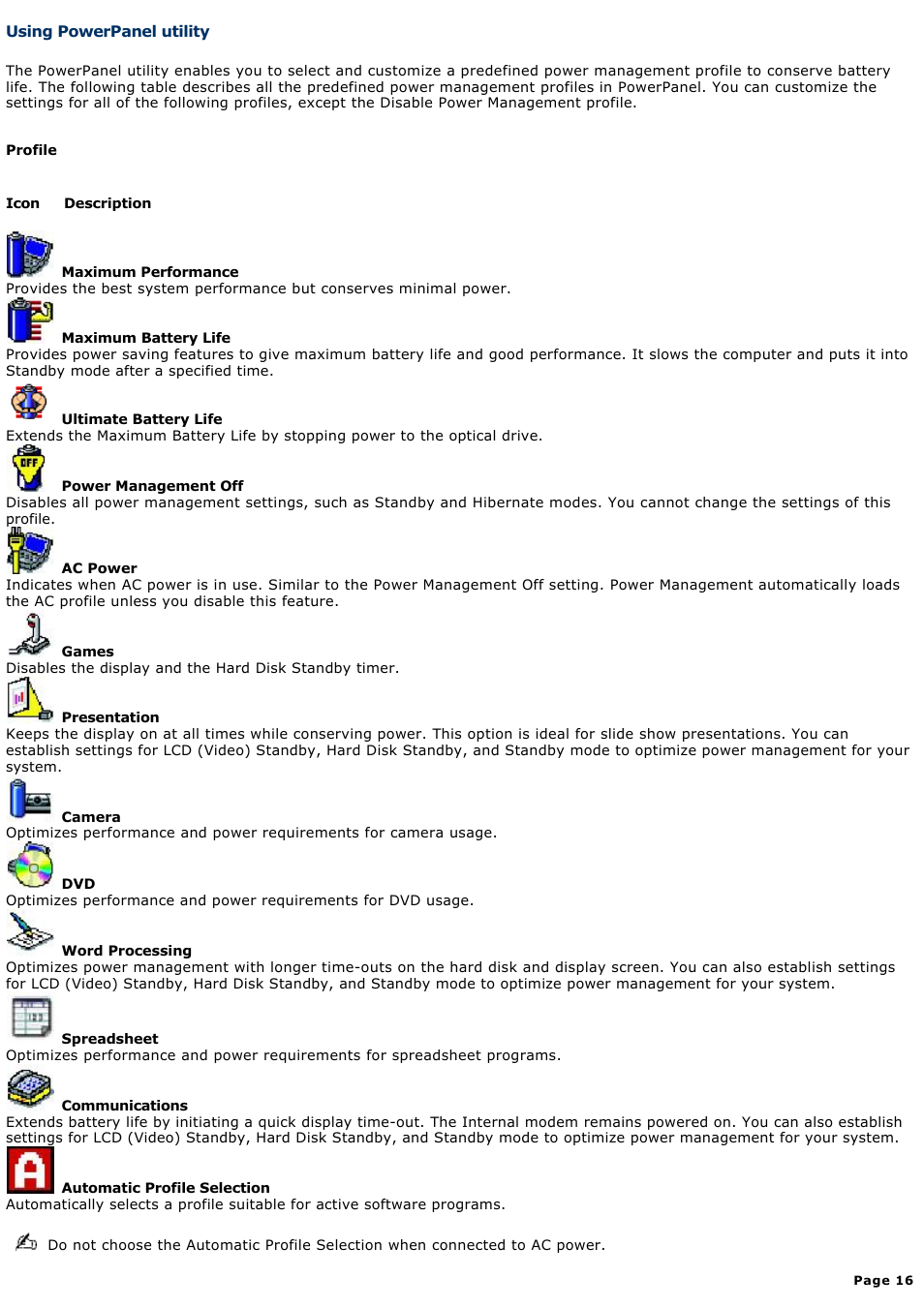 Using powerpanel utility | Sony PCG-V505ACK User Manual | Page 16 / 148