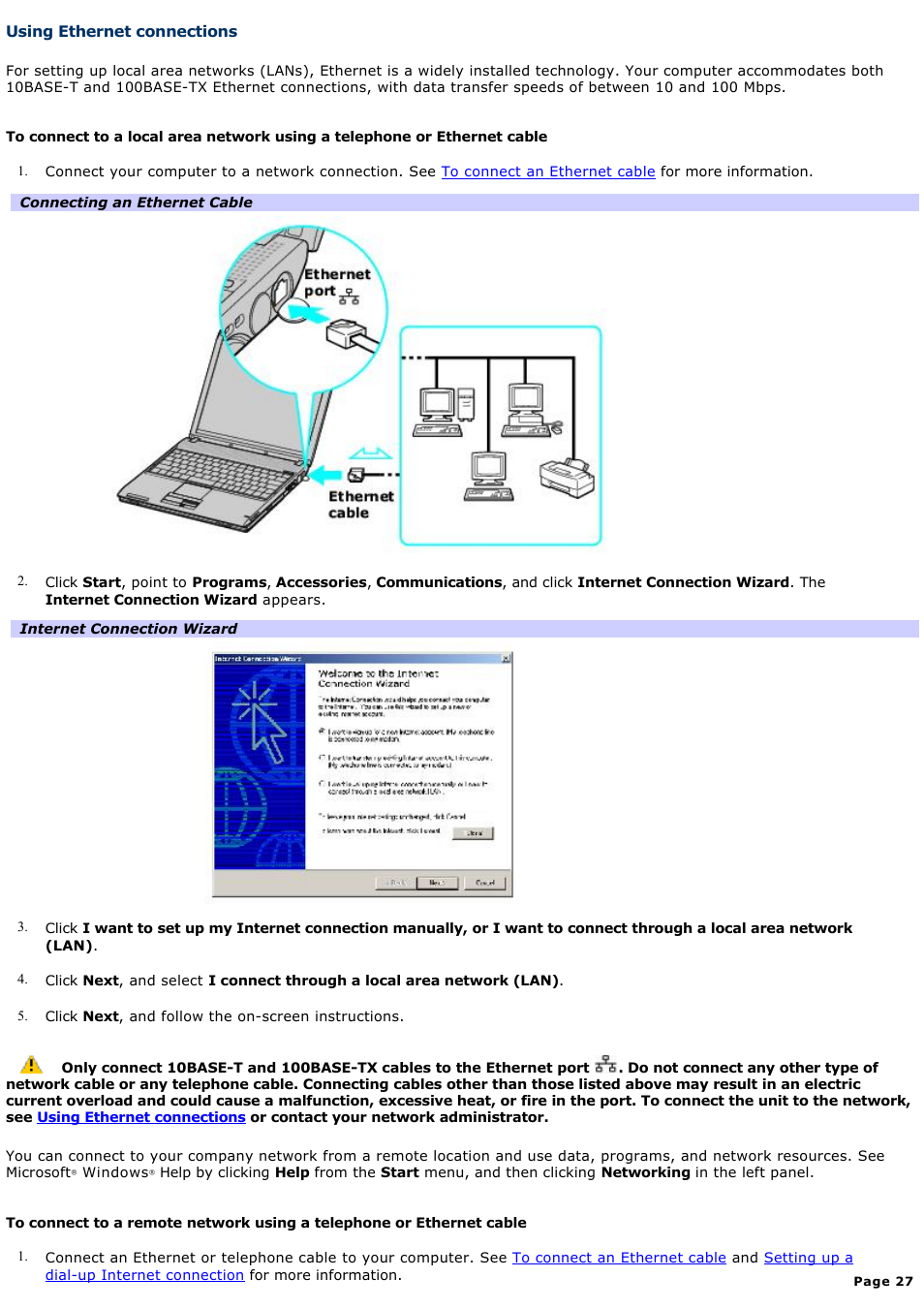 Using ethernet connections | Sony PCG-V505ACK User Manual | Page 27 / 148
