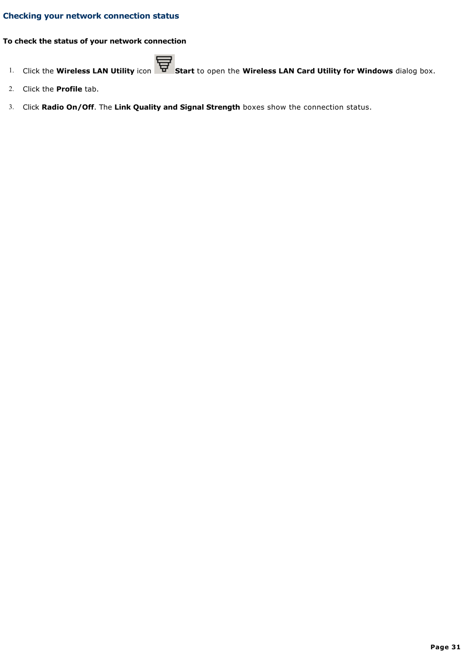 Checking your network connection status | Sony PCG-V505ACK User Manual | Page 31 / 148