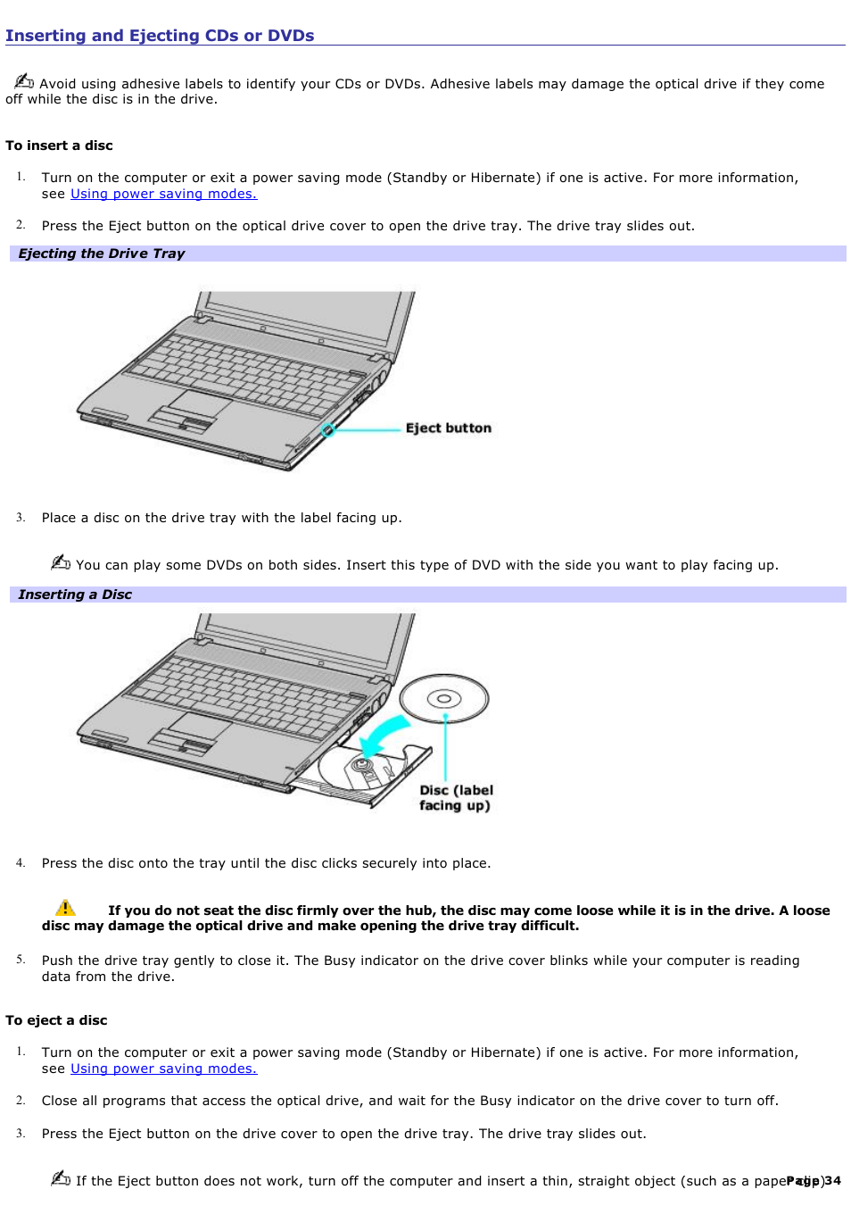 Inserting and ejecting cds or dvds | Sony PCG-V505ACK User Manual | Page 34 / 148