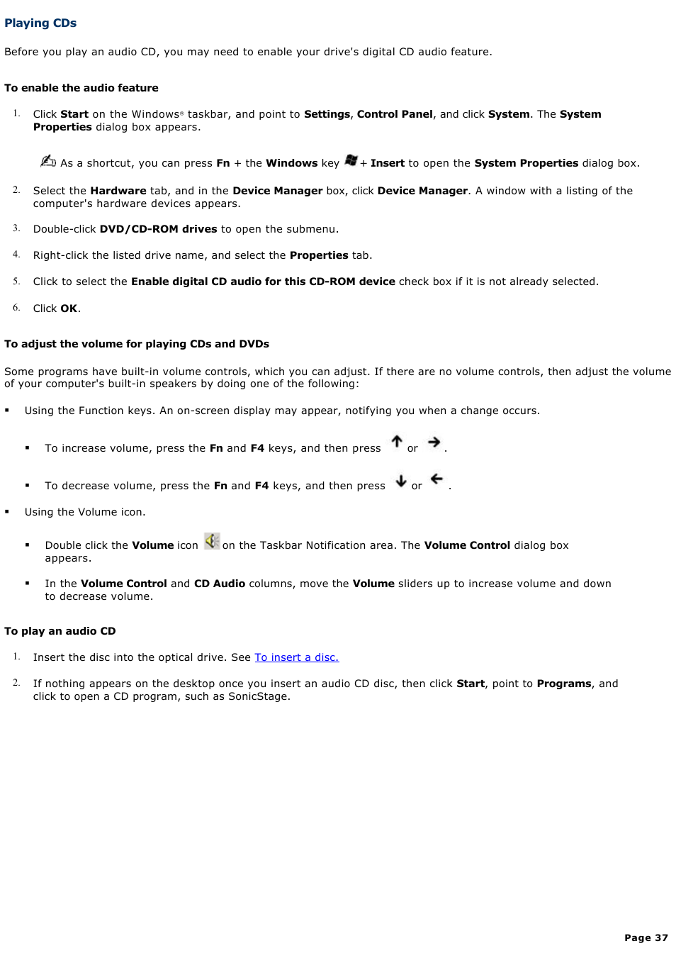 Playing cds | Sony PCG-V505ACK User Manual | Page 37 / 148