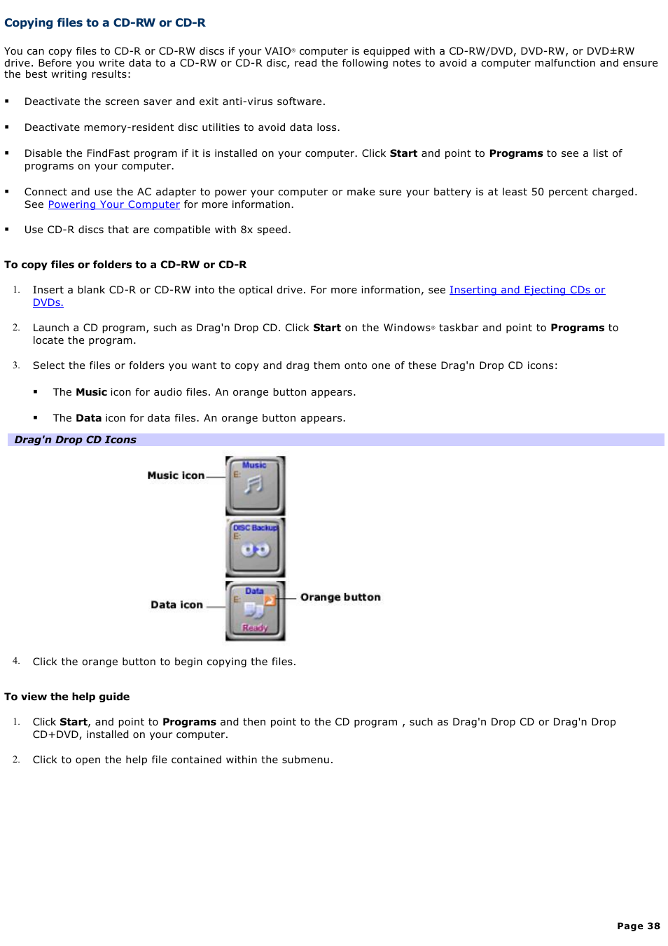 Copying files to a cd-rw or cd-r | Sony PCG-V505ACK User Manual | Page 38 / 148