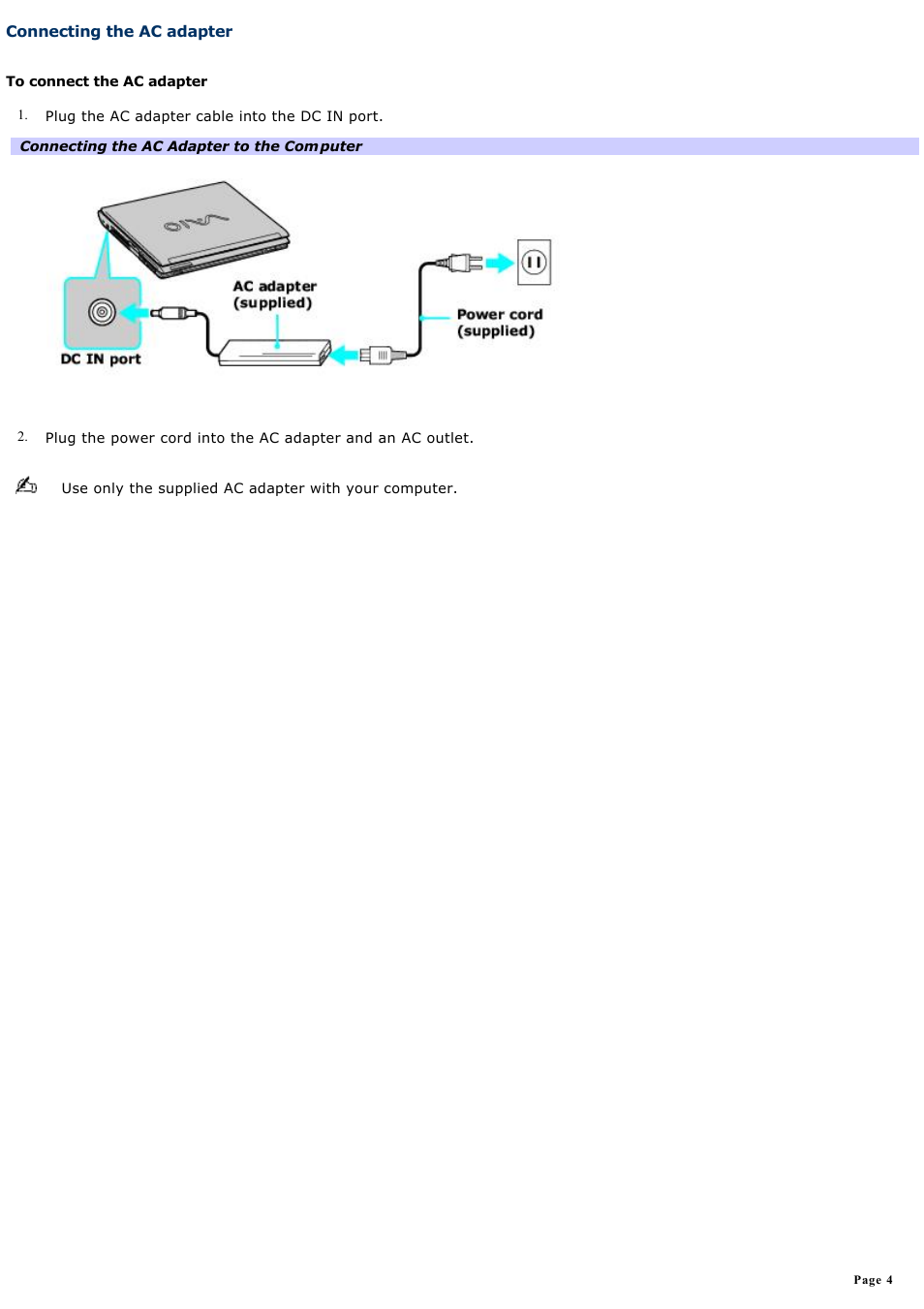 Connecting the ac adapter | Sony PCG-V505ACK User Manual | Page 4 / 148