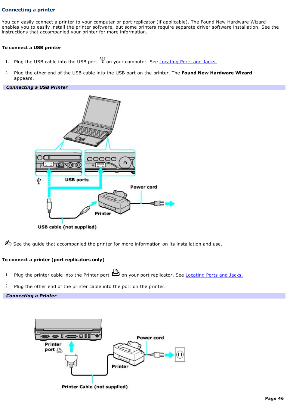Connecting a printer | Sony PCG-V505ACK User Manual | Page 46 / 148