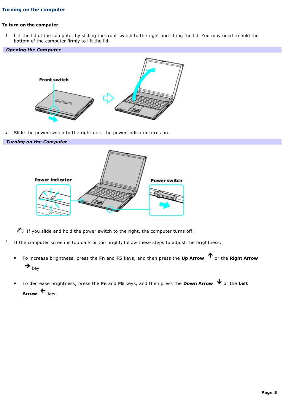 Turning on the computer | Sony PCG-V505ACK User Manual | Page 5 / 148