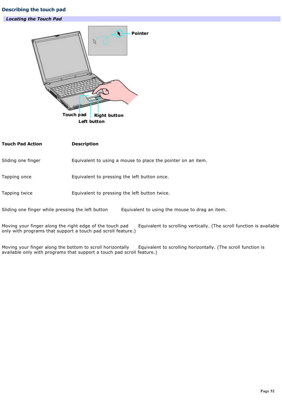 Describing the touch pad | Sony PCG-V505ACK User Manual | Page 52 / 148