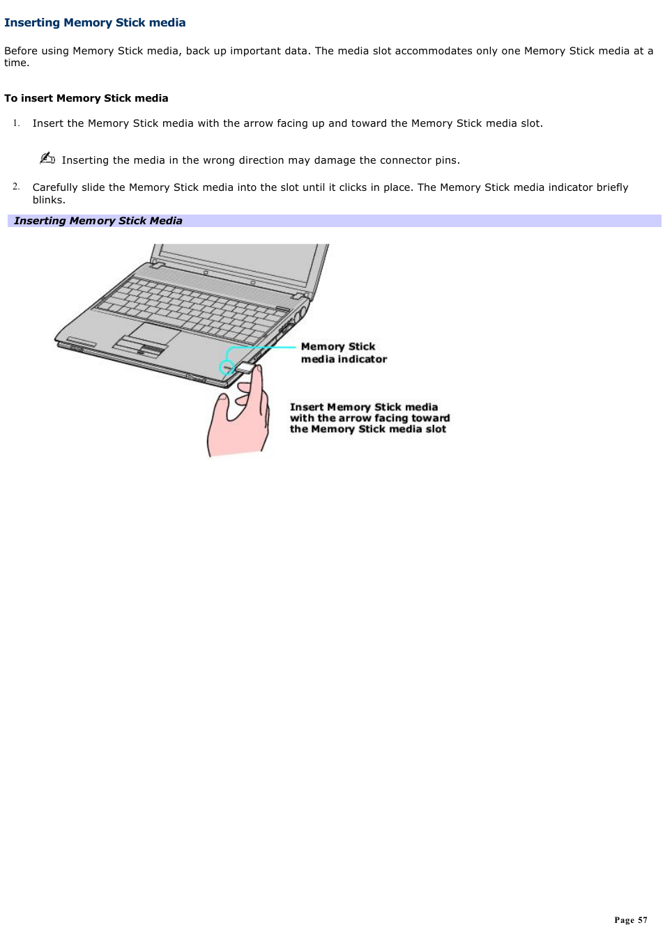 Inserting memory stick media | Sony PCG-V505ACK User Manual | Page 57 / 148