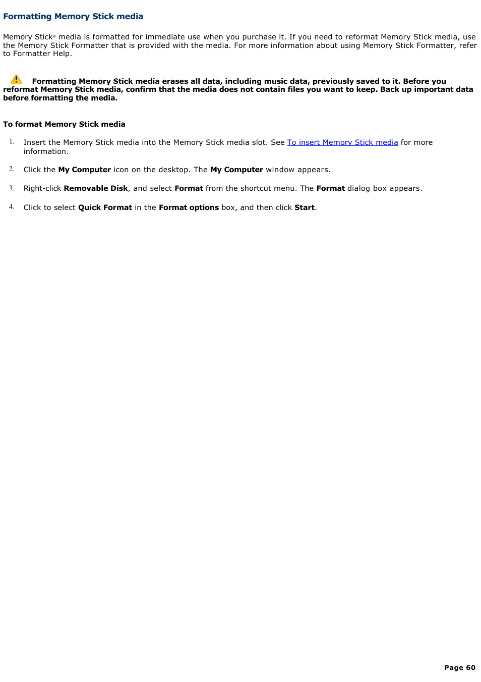Formatting memory stick media | Sony PCG-V505ACK User Manual | Page 60 / 148