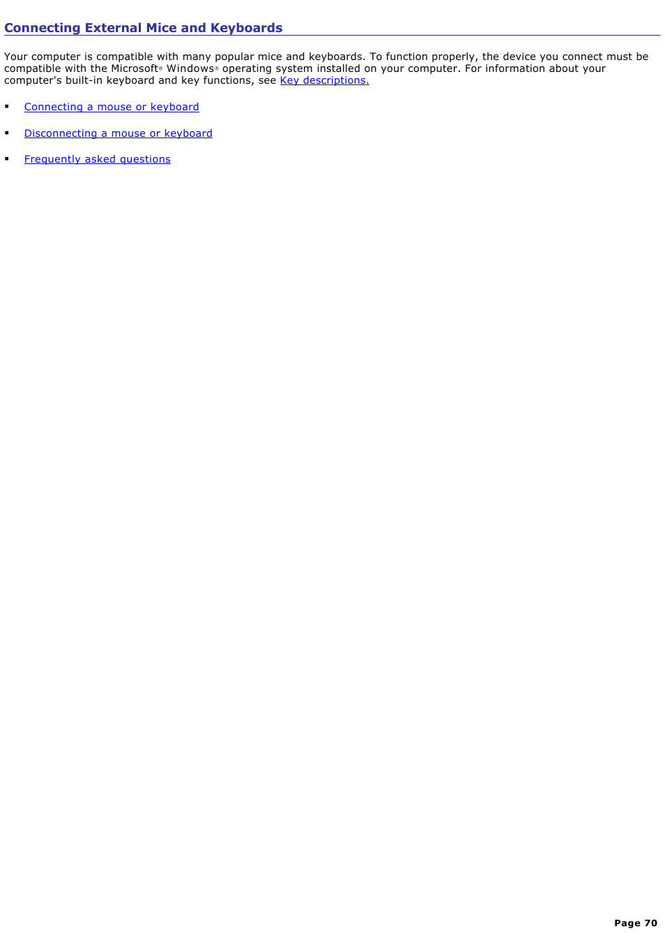 Connecting external mice and keyboards | Sony PCG-V505ACK User Manual | Page 70 / 148