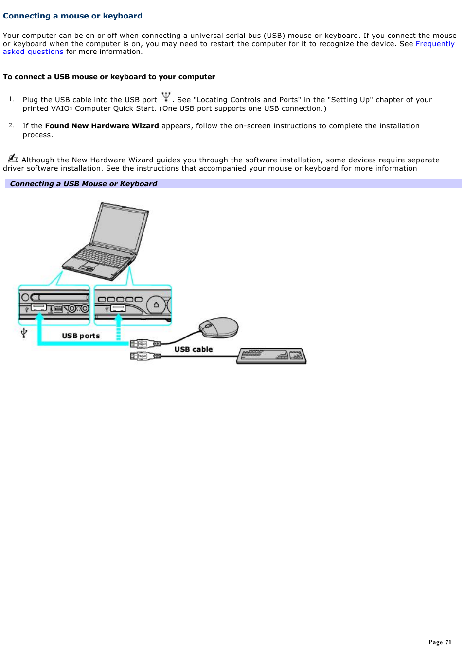 Connecting a mouse or keyboard | Sony PCG-V505ACK User Manual | Page 71 / 148