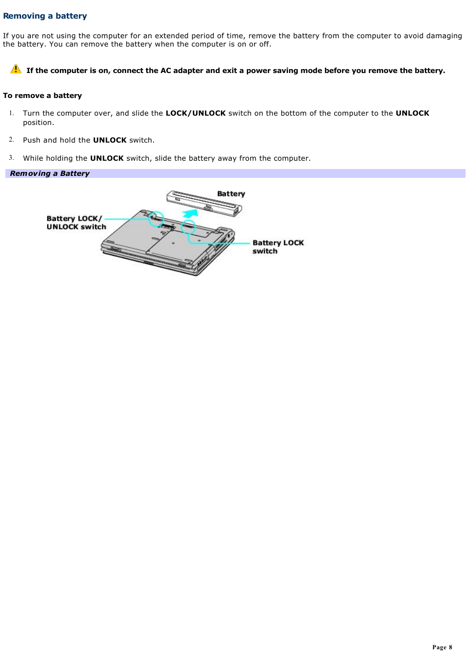 Removing a battery | Sony PCG-V505ACK User Manual | Page 8 / 148