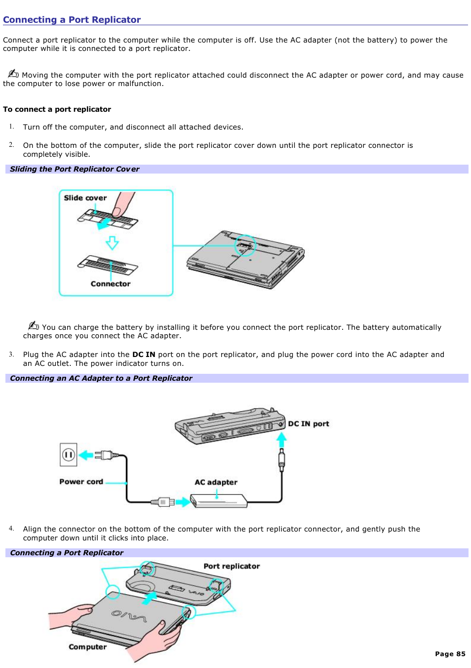 Connecting a port replicator | Sony PCG-V505ACK User Manual | Page 85 / 148