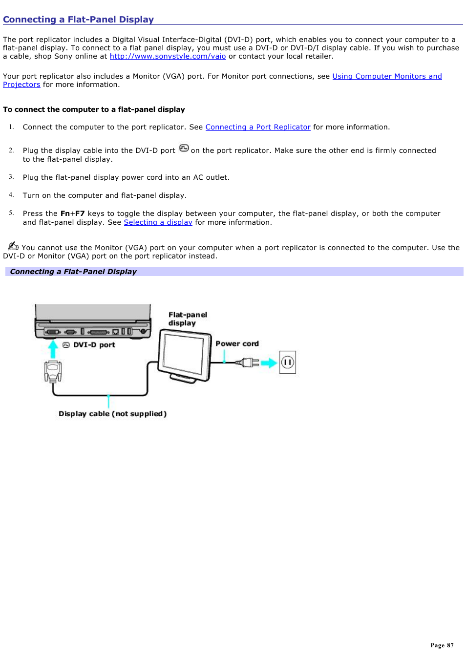 Connecting a flat-panel display | Sony PCG-V505ACK User Manual | Page 87 / 148