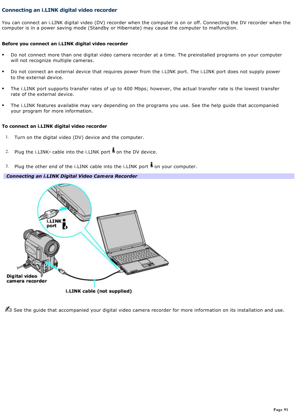 Connecting an i.link digital video recorder | Sony PCG-V505ACK User Manual | Page 91 / 148