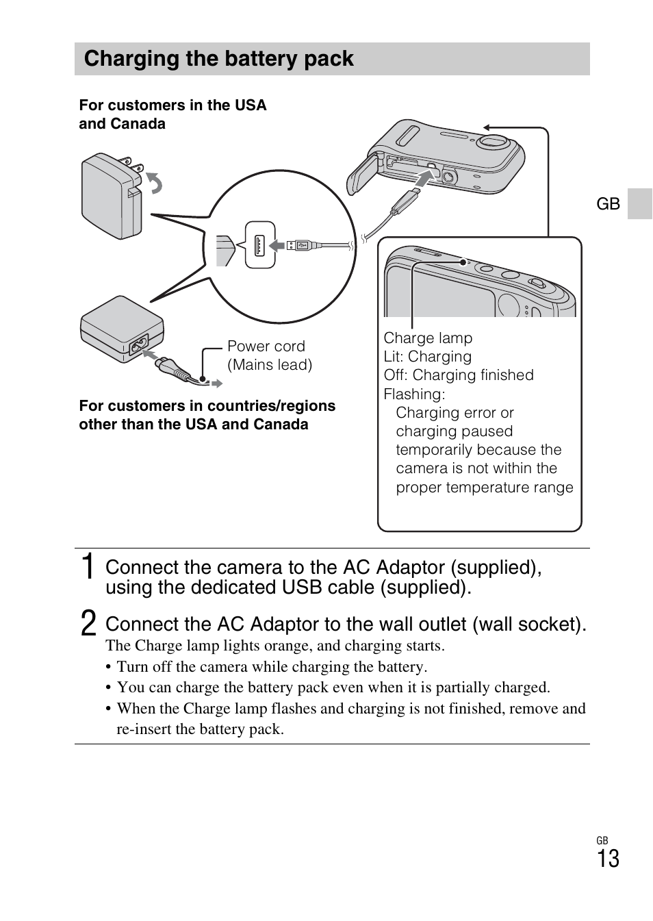Charging the battery pack | Sony DSC-TF1 User Manual | Page 13 / 68