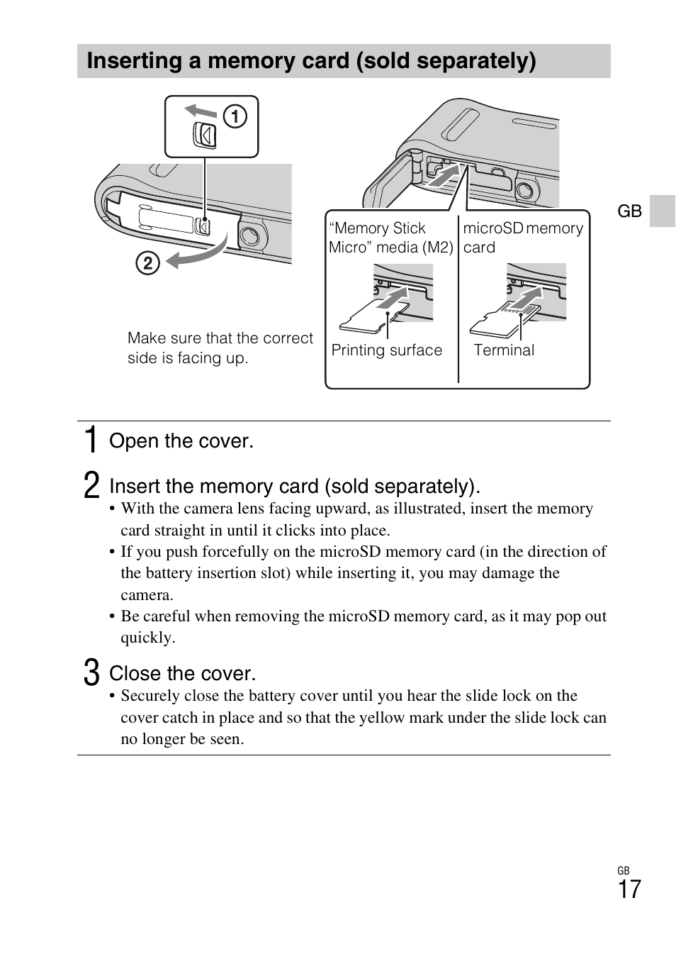 Inserting a memory card (sold separately) | Sony DSC-TF1 User Manual | Page 17 / 68