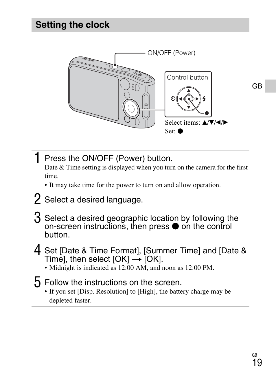 Setting the clock | Sony DSC-TF1 User Manual | Page 19 / 68