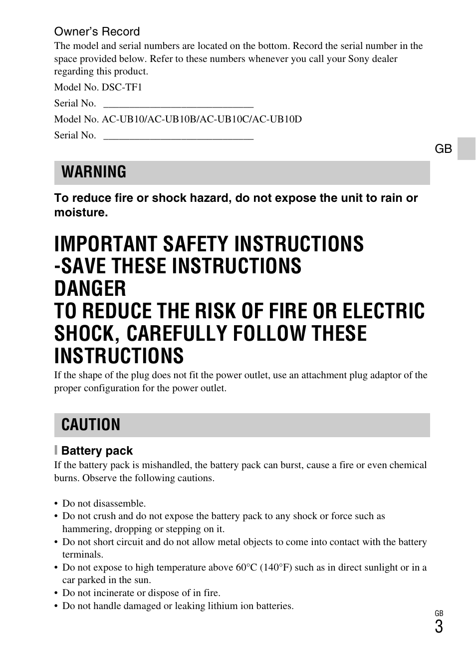 Warning caution | Sony DSC-TF1 User Manual | Page 3 / 68