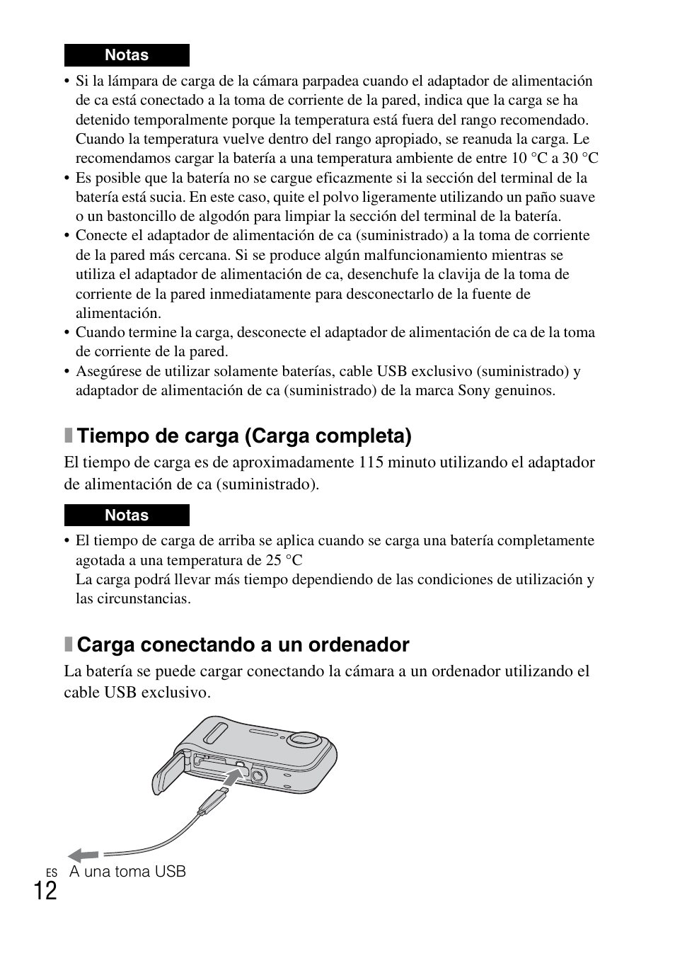Xtiempo de carga (carga completa), Xcarga conectando a un ordenador | Sony DSC-TF1 User Manual | Page 44 / 68