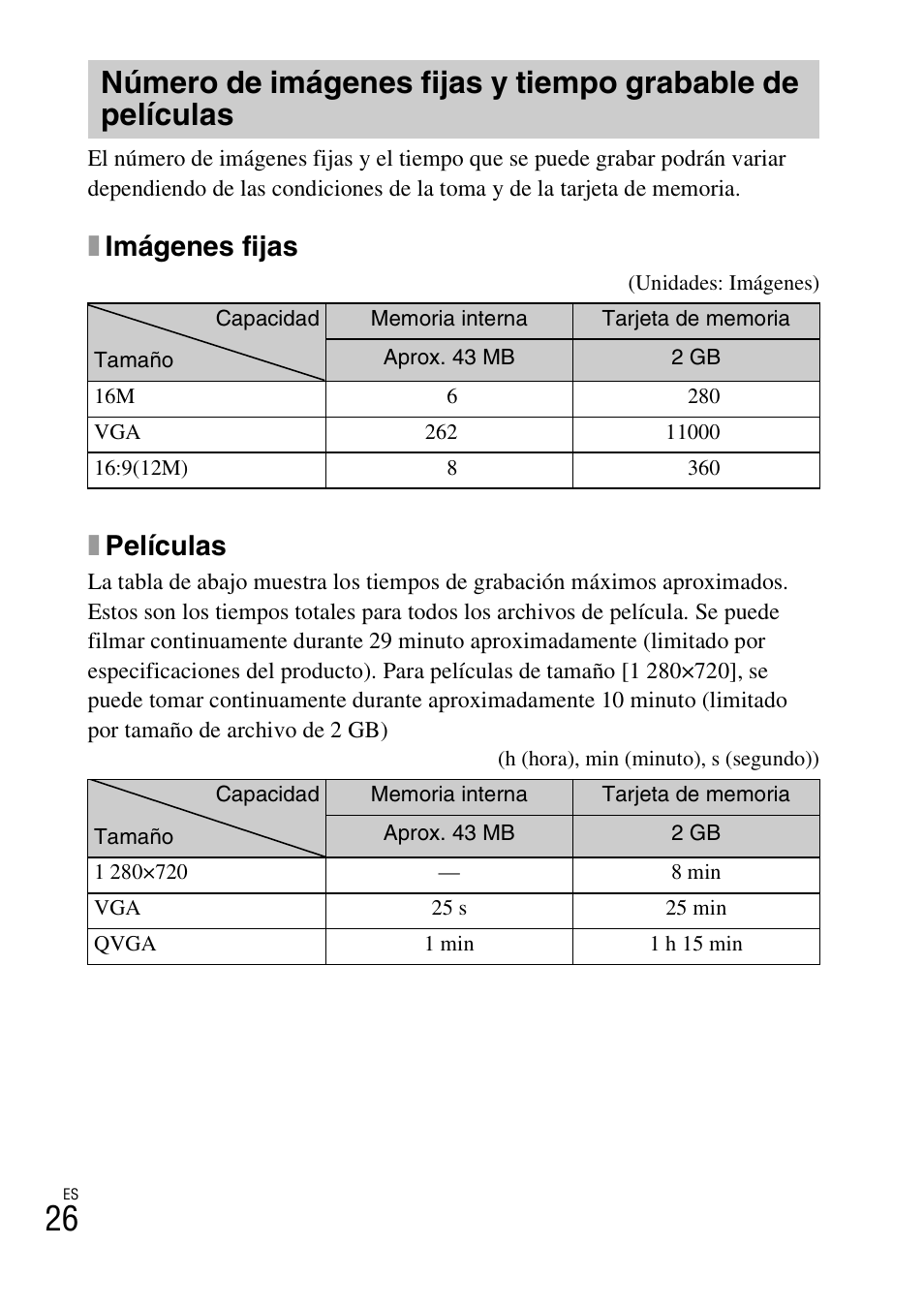 Ximágenes fijas, Xpelículas | Sony DSC-TF1 User Manual | Page 58 / 68