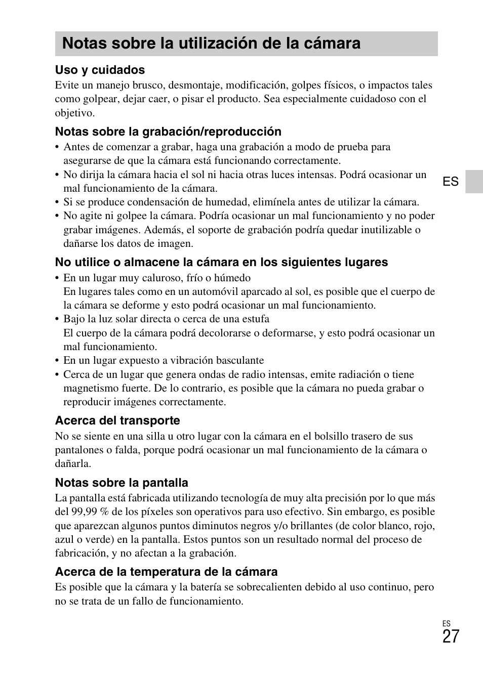 Notas sobre la utilización de la cámara | Sony DSC-TF1 User Manual | Page 59 / 68