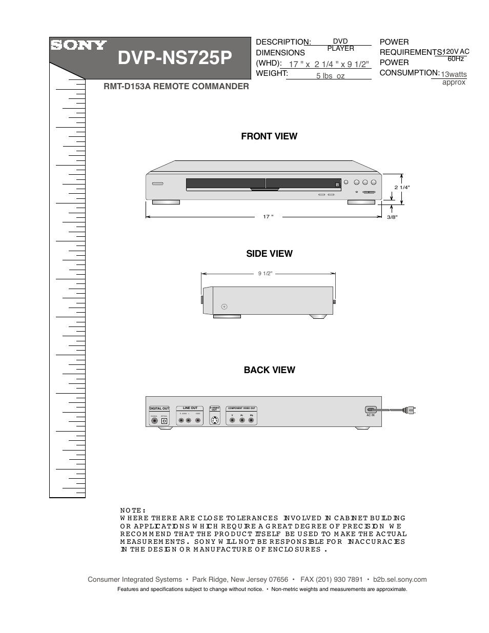 Sony DVP-NS725P User Manual | 1 page