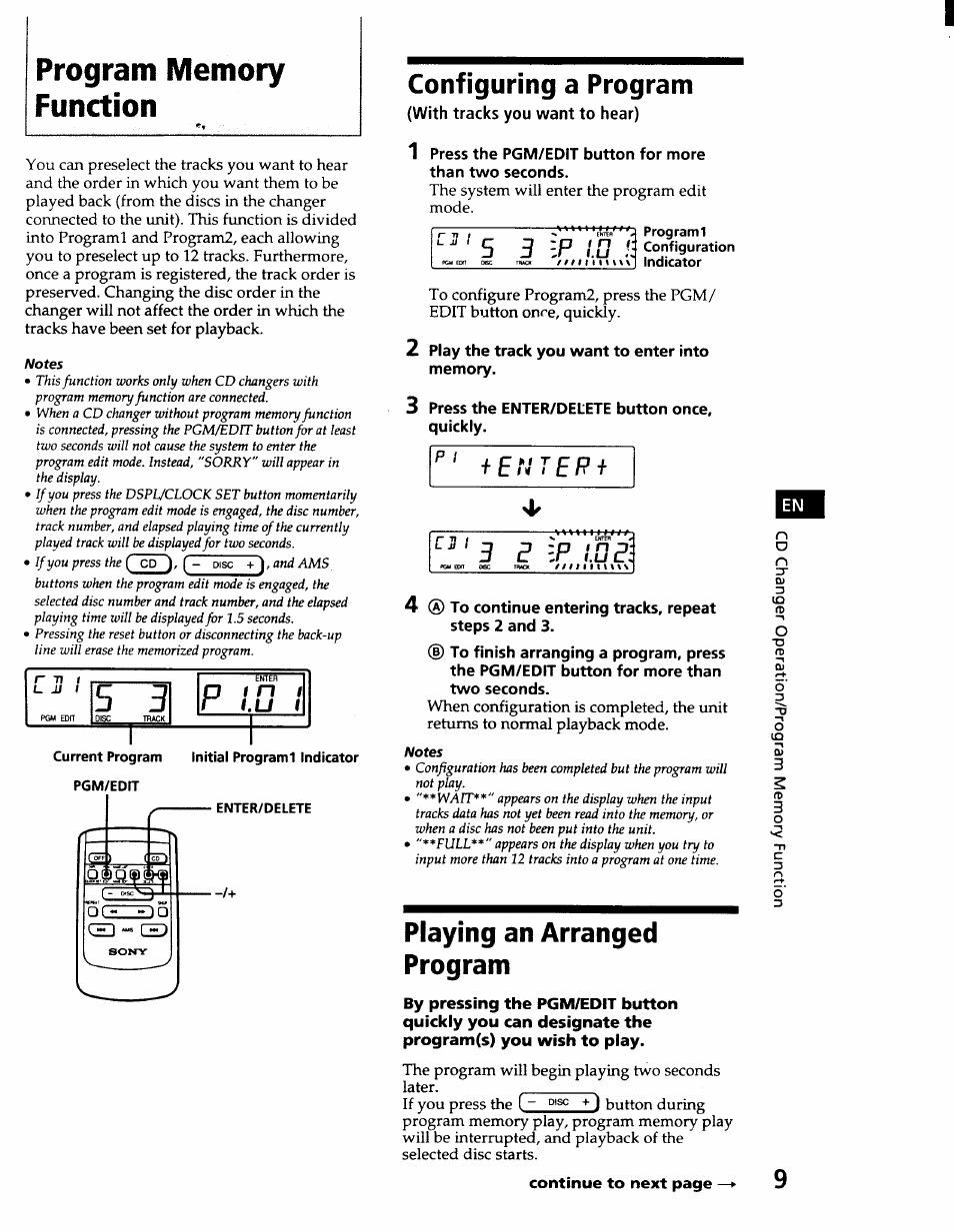Program memory function, Enter/delete, Configuring a program | Playing an arranged program | Sony CDX-71RF User Manual | Page 11 / 59