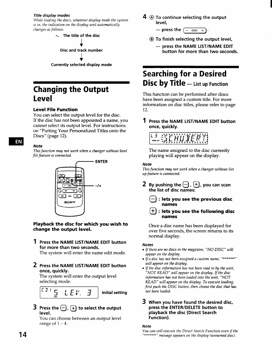 Changing the output level, Searching for a desired disc by title | Sony CDX-71RF User Manual | Page 16 / 59