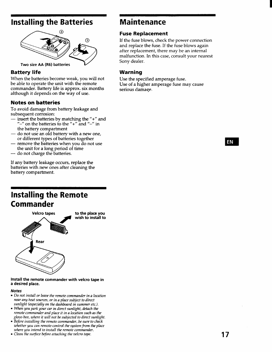 Battery life, Notes on batteries, Fuse replacement | Warning, Installing the batteries, Installing the remote commander, Maintenance | Sony CDX-71RF User Manual | Page 19 / 59