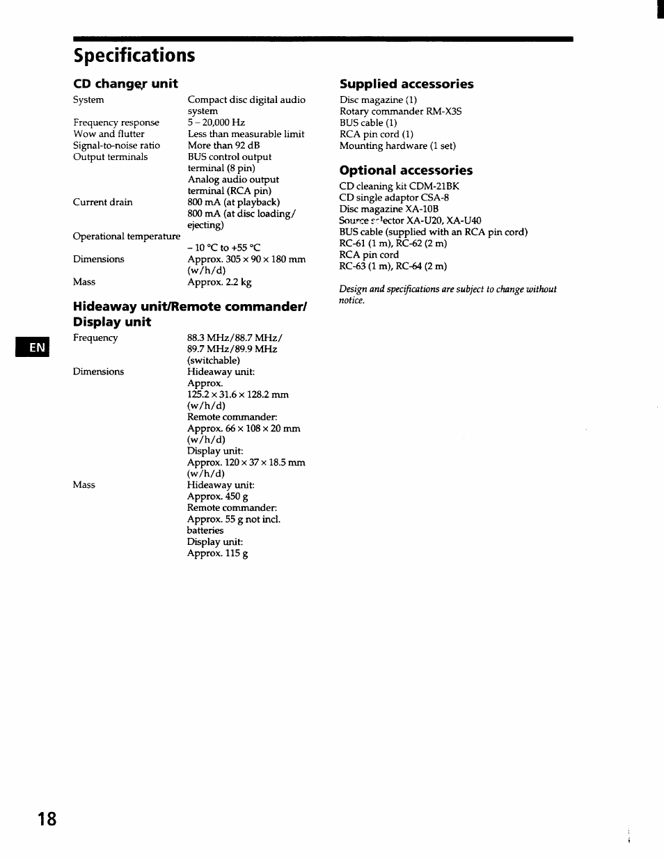 Cd change unit, Supplied accessories, Optional accessories | Hideaway unit/remote commander/ display unit, Specifications | Sony CDX-71RF User Manual | Page 20 / 59