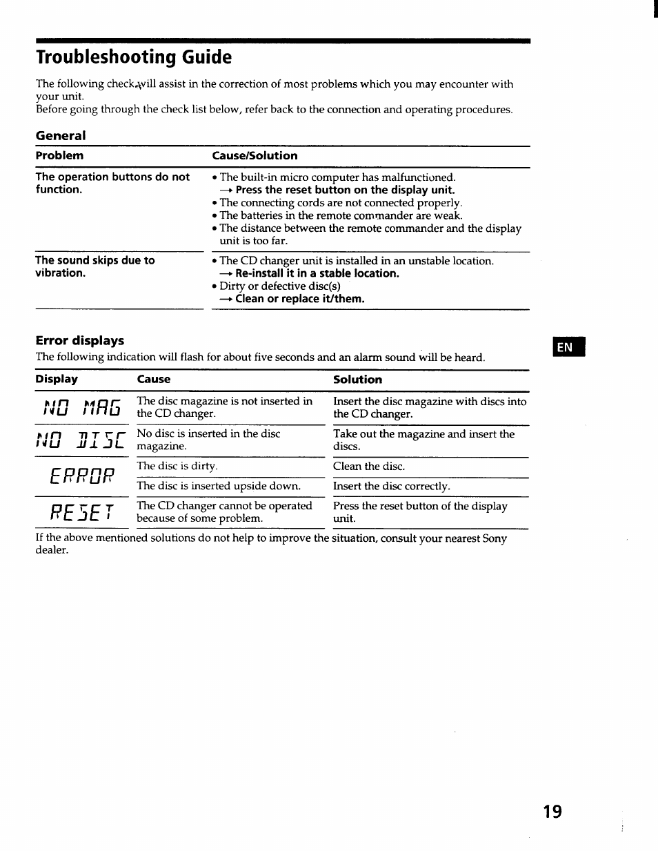 General, Troubleshooting guide | Sony CDX-71RF User Manual | Page 21 / 59