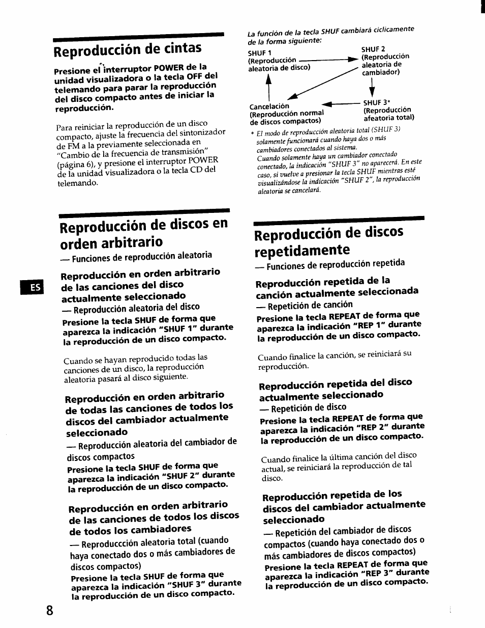 Reproducción de cintas, Reproducción de discos en orden arbitrario, Reproducción de discos repetidamente | Sony CDX-71RF User Manual | Page 28 / 59