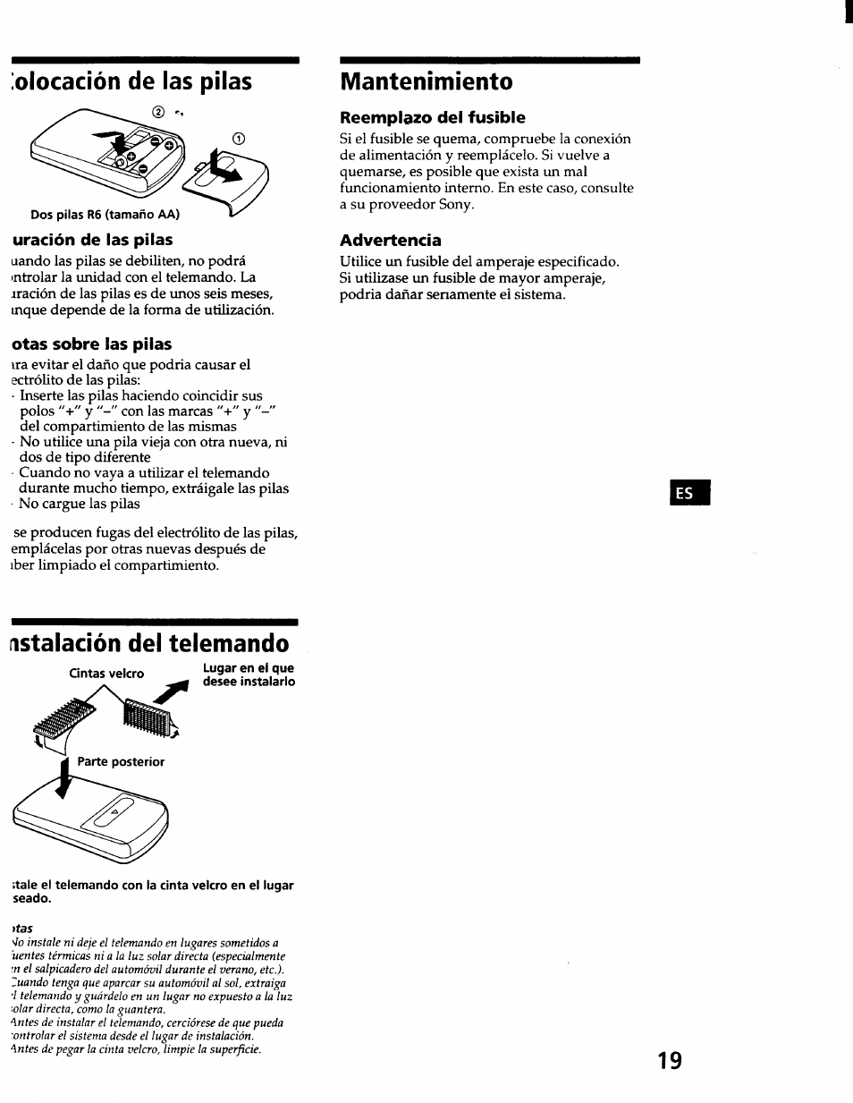 Uración de las pilas, Otas sobre las pilas, Reemplazo del fusible | Advertencia, Iolocadón de las pilas, Istalación del telemando, Mantenimiento | Sony CDX-71RF User Manual | Page 39 / 59