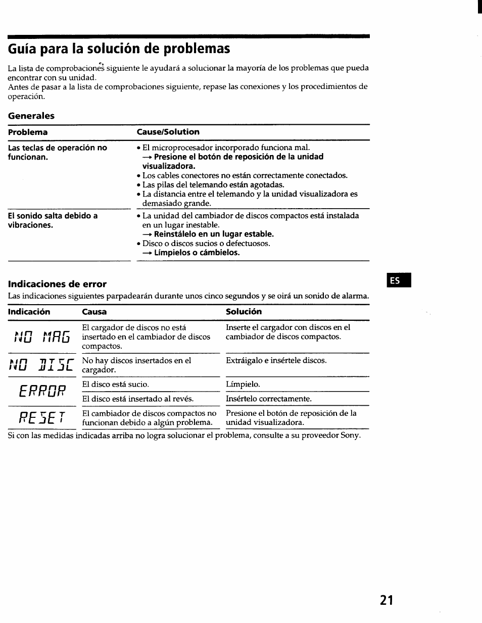 Generales, Cause/solution, Guía para la solución de problemas | Sony CDX-71RF User Manual | Page 41 / 59