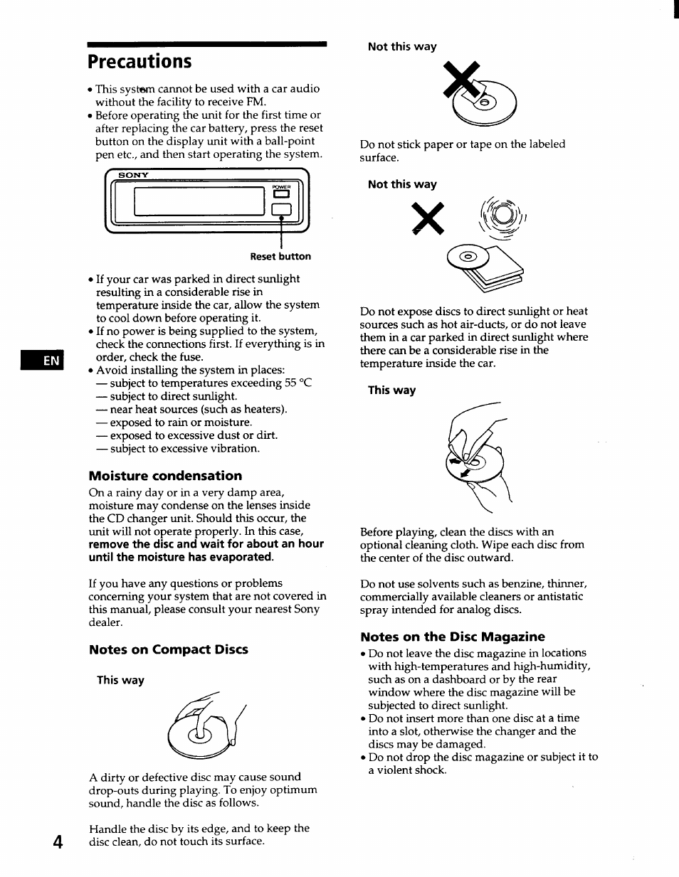 Moisture condensation, Notes on compact discs, Notes on the disc magazine | Precautions | Sony CDX-71RF User Manual | Page 6 / 59