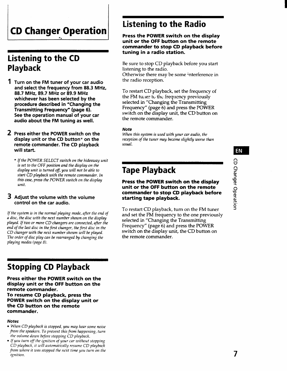 Cd changer operation, Listening to the cd playback, Stopping cd playback | Listening to the radio, Tape playback | Sony CDX-71RF User Manual | Page 9 / 59