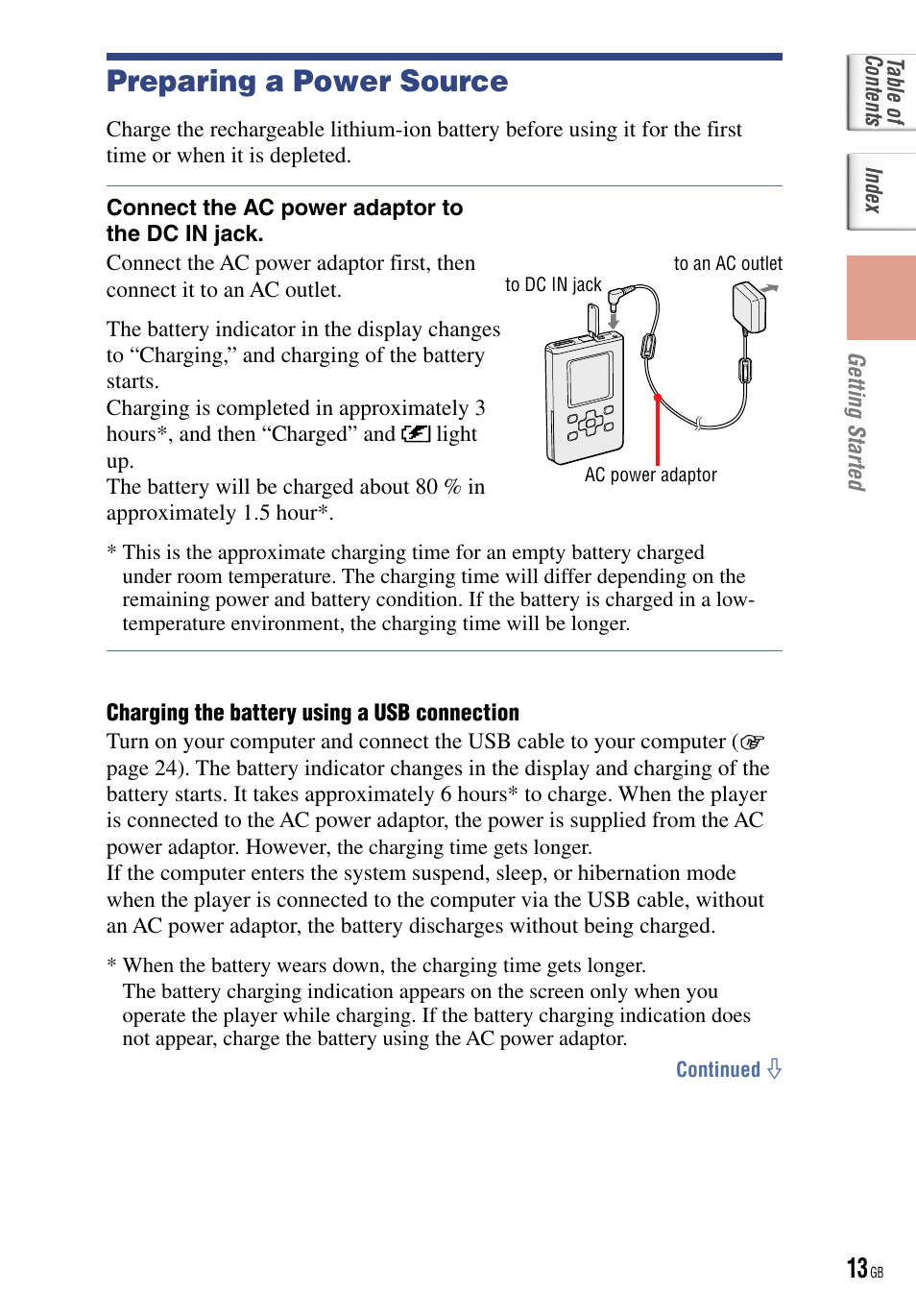 Preparing a power source | Sony NW-HD5 User Manual | Page 13 / 82